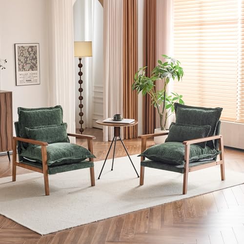 VINGLI Mid-Century Modern Cloud Accent Armchairs set of 2 with Lumbar Pillow, 6.3'' Thick Seat Cushion Reading Chairs with Wooden Armrests,Boho Lounge Chair for Bedroom,Living Room,Chenille,Dark Green
