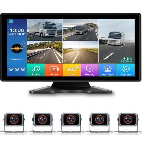 NHOPEEW 10,36 Zoll Rückfahrkamera Monito mit 5 1080P Rückfahrkameras - IP68 wasserdicht/Toter Winkel Warnung/Nachtsicht/Weitwinkel/Loop-Aufnahme/USB-Laden