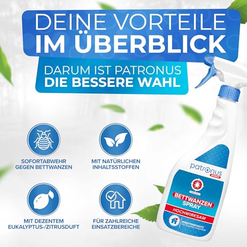 Patronus Bettwanzen-Spray zur effektiven Bettwanzen-Abwehr 500 ml - Sofortschutz-Mittel gegen Bettwanzen - mit dezentem Eukalyptus/-Zitrusduft - hochwirksam & laborgeprüft
