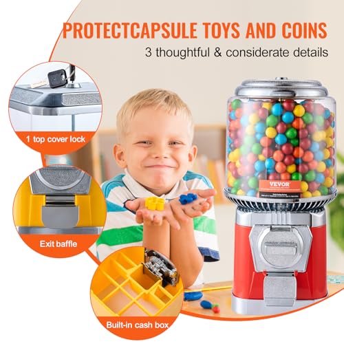 Image of VEVOR Gumball Machine, 16 inchH Home Candy Vending Machine, PC Round Gumball Dispenser, Bubble Gum Machine for Game Stores, Coin Operated Gumball Bank for Toy Capsules Bouncy Balls Candy, Red