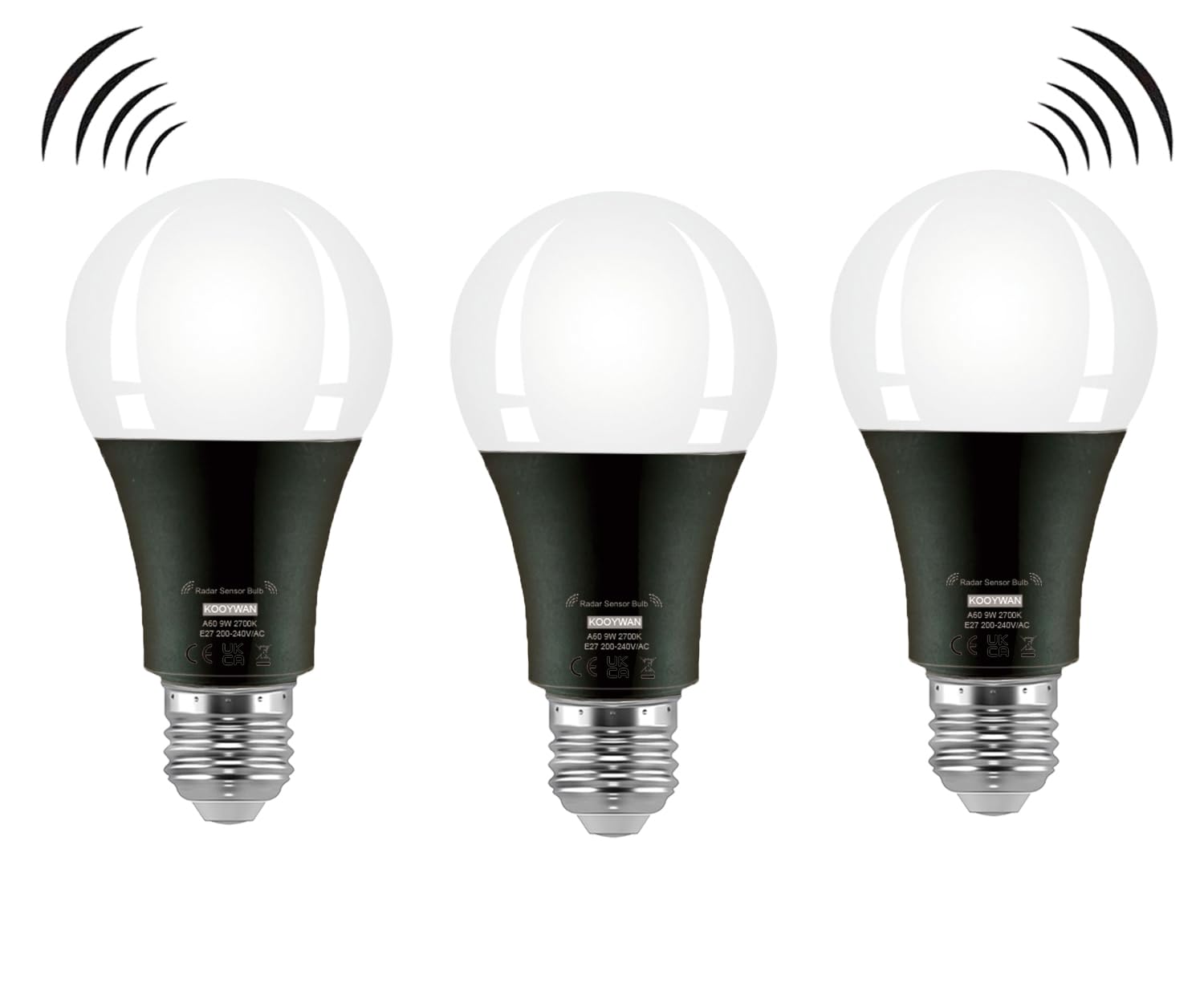 KOOYWAN E27 LED Radar Motion Sensor Light Bulbs,Dusk to Dawn Light Bulbs 9W 2700K Warm White,Auto On/Off for Indoor Outdoor Basements, Porch,Courtyards,Garage Pack of 3