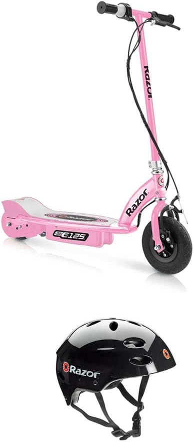Razor E125 Motorized Rechargeable Electric Scooter with Acceleration Control, Front Brake, & Kickstand, Pink & V17 Youth Size Safety Helmet, Black