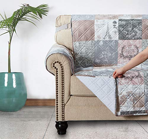 Brilliant Sunshine Paris and Toile Floral Patchwork X-Large Oversized Sofa Protector for Seat Width up to 78", Slip Resistant Furniture Slipcover, 2" Strap, Couch Slip Cover for Pets, Sofa, Latte Gray - Thumbnail 2
