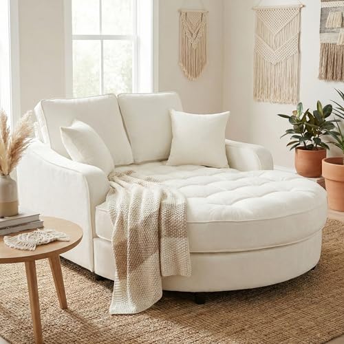 Image of Christopher Knight Home 55 Inch Modern Chaise Lounge Sofa Bed, Upholstered Chenille Lounge Couch with Tufted Seat and Detachable Pillows Curved Accent Sofa for Living Room, Beige
