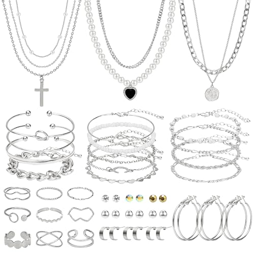 Image of NEWITIN 49 Pieces Gold Jewelry Set for Women Fashion Costume Jewelry Gold Plated Necklace Bracelet Ring Earrings Set for Women