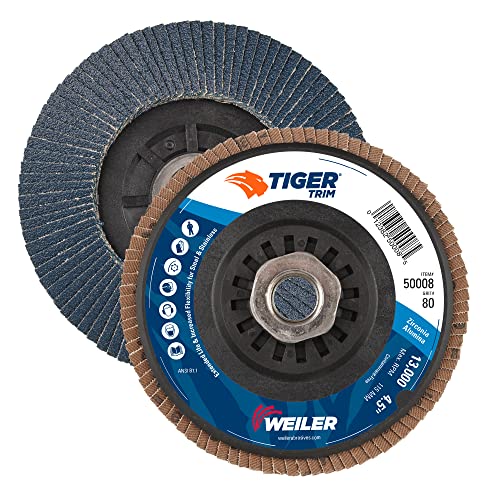 Image of Weiler 50008 Tiger 5 /8 inch-11 Arbor, 4-1 /2 inch Diameter, 80 Grit, Zirconium, Trimmable Composite Backing, Angled Abrasive Flap Disc