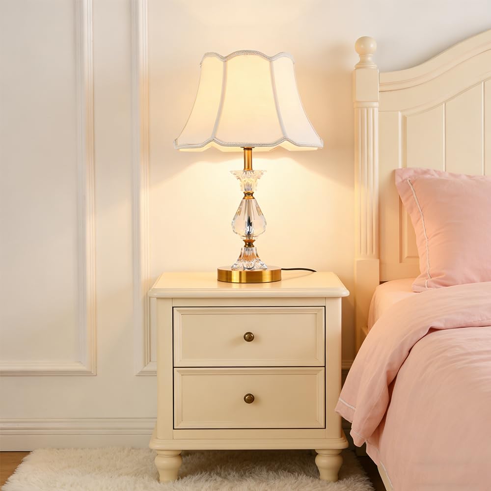 Lampara de noche, lampara de mesita de noche Blanco, E27 lampara para mesa con cristales y pantalla dorado, sobremesa Lámpara De Escritorio redondo pantalla dormitorio Sala De Estar Hotel estudio