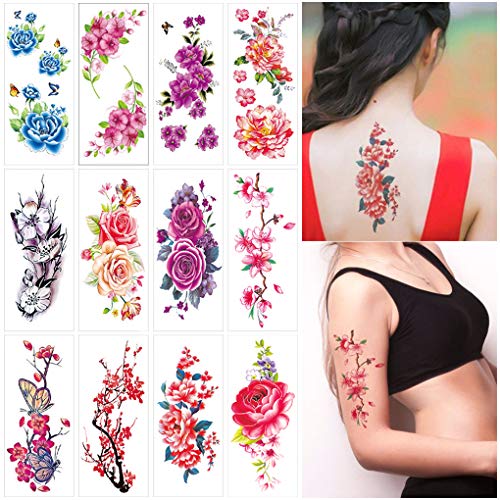 Flower Temporary Tattoos Stickers for Women Adults Large Rose Floral Realistic Fake Tattoo Sexy Temp Tattoo Paper Body Art Arm Leg Sternum Forearm Back Waterproof Tattoo Stickers 12 Sheets