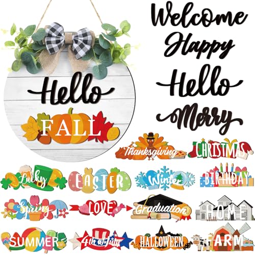 20-Pcs-Interchangeable-Welcome-Sign-for-Front-Door-with-4-Sign-and-14-Changeable-Icons-Farmhouse-Front-Porch-Decor-Rustic-Wooden-Door-Decor-Outdoor-Seasonal-Welcome-DecorationsWhite