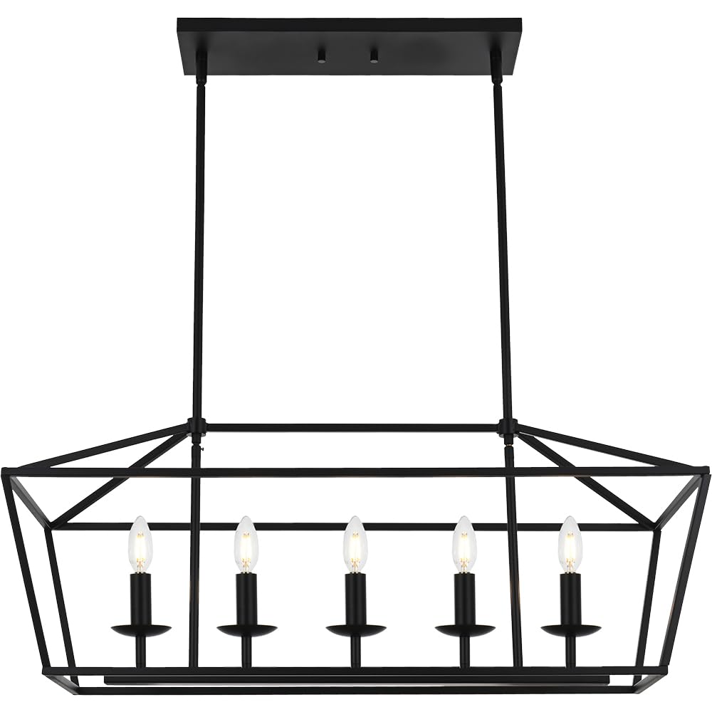 eluze Candle Rectangle Chandelier for Dining Room Island Light Fixture Linear 5 Lights for Farmhouse Black Modern Industrial Pendant Lighting Kitchen