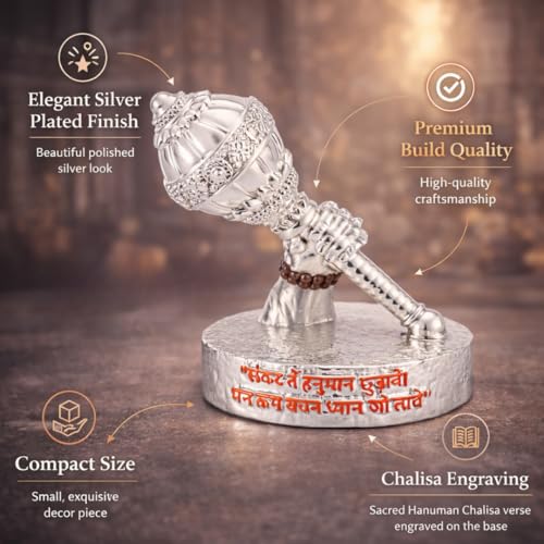 Image of Gold Art India Hanuman Gada Idol Silver Plated - Bajrangbali Gada for Car Dashboard, Home Mandir & Office Decor | 4 Inch