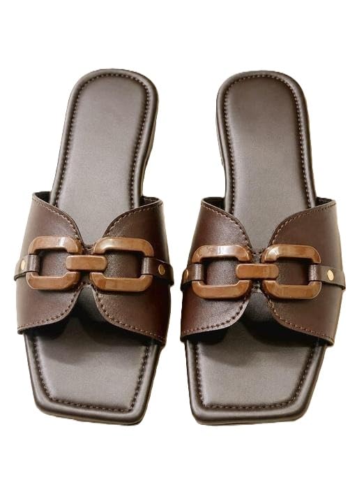 Image of SHINE Modern Traditional Brown Flats for Women | Elegant Square Toe Slip-On Sandals with Interwoven Strap & TPR Sole