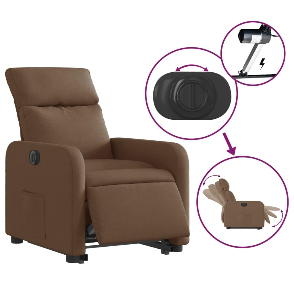Sillón elevador reclinable eléctrico marrón tejido con motor para elevación y función reclinación automática hasta 135 grados, estructura estable de madera y metal,