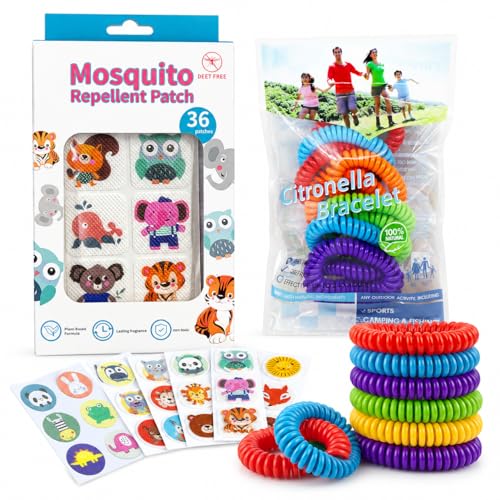 TIENDIFY Pack Antimosquitos Citronela, 36 Parches Adhesivos Aromáticos y 10 Pulseras con Aceites Esenciales para Niños y Adultos, Camping Viajes Hogar y Exterior