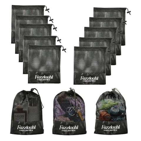 Fuzzleehi Mesh Bags Drawstring Bags Small Mesh Bag Nylon Bag String Bag Beach Bag Travel Bag Tennis Ball Bag Storage Bag Black 10Pcs（9.9”X8.7”） Cover