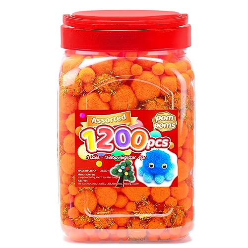 Image of Iooleem Orange Pom Poms, 1200pcs Assorted Size Pompoms,Pom Poms for Arts and Crafts, Pom Pom Balls with Wiggle Eyes in jar, Glitter Pom Poms, Craft Supplies.