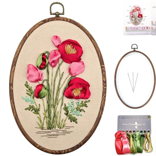 Image of FONNUY Ribbon Embroidery 3D Flowers Pattern Design Kit Embroidery DIY Handwork Set Oval Home Decoration (Red Rose)