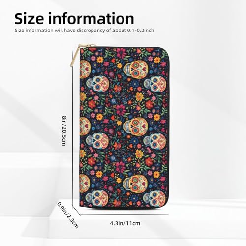 Floral Skull Print Wallet Women Men, Long PU Leather Wallets for Women, Cute Womens Travel Wallet Purse Pouch with Zipper Pocket3