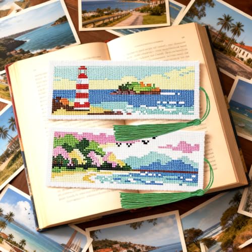Image of ACRNIGHEET 6PCS Cross Stitch Bookmark Kit for Beginner Stamped Cross Stitch Kits for Adults Horizontal DIY Tassel Embroidery Bookmark Kits Needlepoint Kit with Instructions Craft Gift 8.5''x3'' 11CT