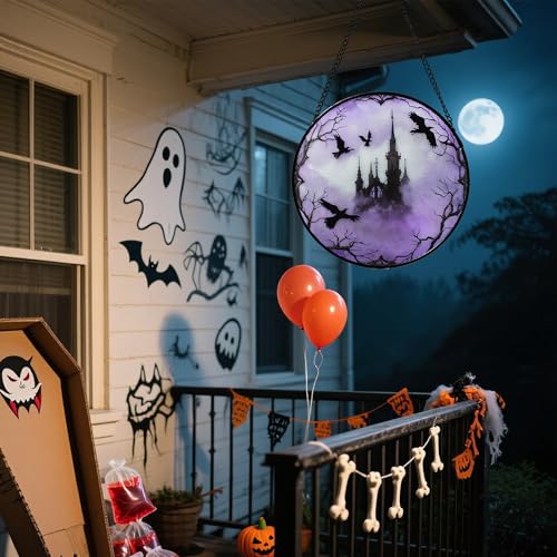 Image of Stained Glass Window Hanging - Halloween Gothic Castle Purple Smoke Suncatcher for Doors Garden Home Spooky Crow Sun Catchers Gothic Decor Horror Gift for Women Men Friend Boy Girl 7.8 in