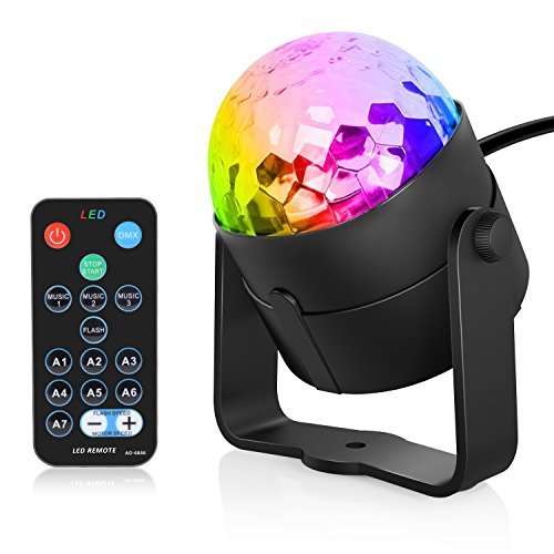 Sunnest 3W Stage Strobe Lights, LED Disco Party Lights Sound Activated with RGB Rotating Disco Ball Remote Controller for Home Bar Wedding Dance Parties, 7 Lighting Color & 3 Modes