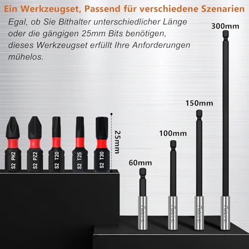 Folzirt 4 Stück 60/100/150/300mm lang schnellwechsel magnetischer Bithalter mit 25mm Bits für Akkuschrauber, 1/4\ Sechskantschaft Bohrer Verlängerung für Schlagschrauber, Trockenbau Bits Aufsatz