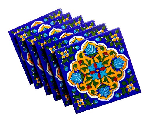 Shiv Kripa Blue Pottery Crafted Tabletop Interior Exterior Flooring Wall Kitchen Washroom Tile Floral Decorative Mosaic Tiles 6 x 6 Inch Set of 6 Tiles (Multi Color)