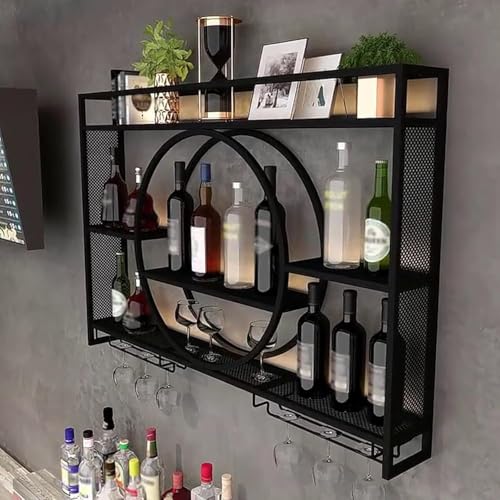 Étagère à vin murale en métal style vintage avec support pour verres à pied