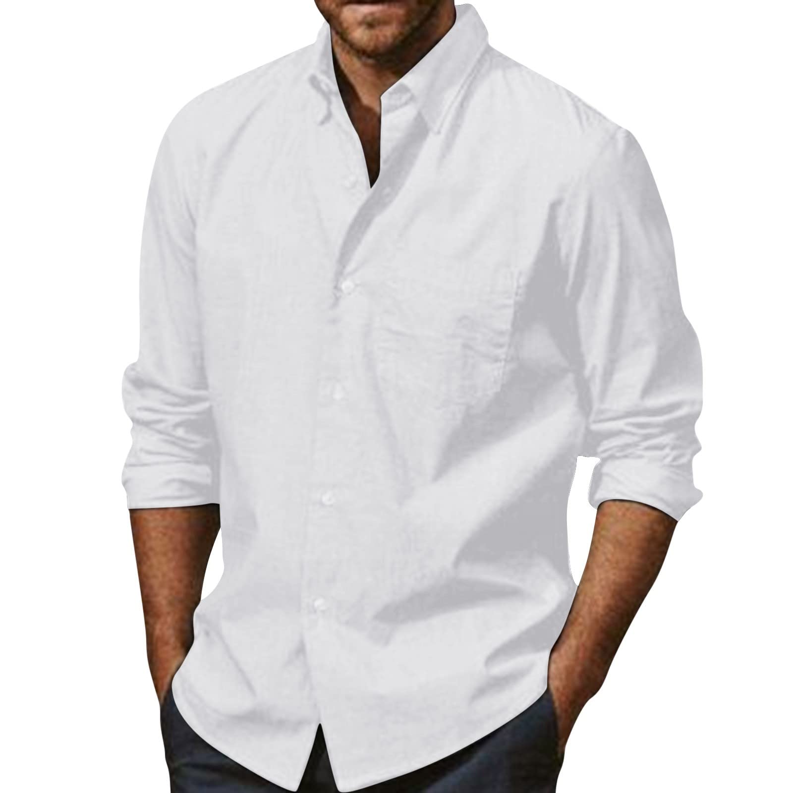Duohropke Camisa de lino para hombre, manga larga, sin cuello, camisa de lino de corte regular, camisa de lino para hombre, tallas grandes, camisa de lino