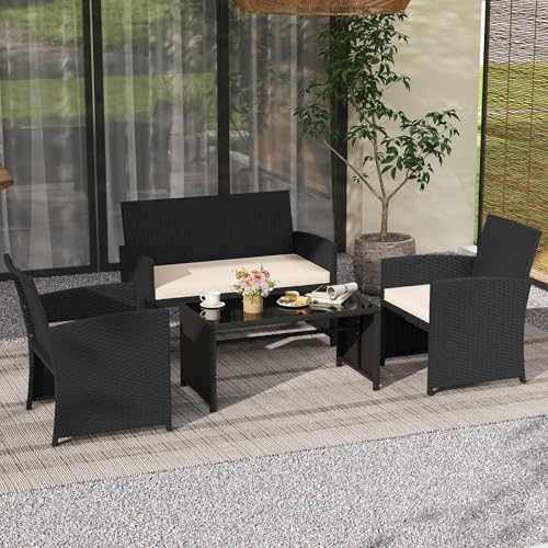 Image of Tangkula 4 Pieces Patio Wicker Furniture Set, Outdoor Heavy Duty Rattan Cushioned Chairs, Loveseat and Tempered Glass Coffee Table, for Backyard, Balcony, Poolside (1, Off White)