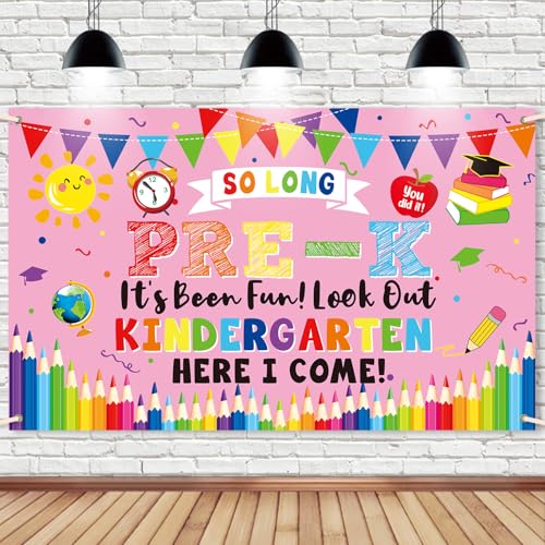 Image of PRE-K Graduation Decorations 2026,Preschool Graduation Banner Decorations,So Long Pre-k It's Been Fun Look Out Kindergarten Here I Come Photo Backdrop for Home School Classroom Party Supplies PKB