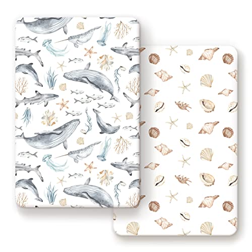 Image of GRSSDER Stretchy Super Soft Jersey Knit Fitted Pack n Play Sheets Set 2 Pack,Portable/Mini Crib Sheets Snug and Safe,Beautiful Marine Organism for Boys and Girls