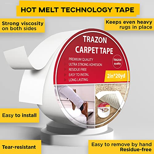 Trazon Carpet Tape Double Sided - Rug Tape Grippers For Hardwood Floors And Area Rugs - Carpet Binding Tape Strong Adhesive And Removable, Heavy Duty Stickers Tape, Residue Free (2 Inch / 20 Yards) #TOP1
