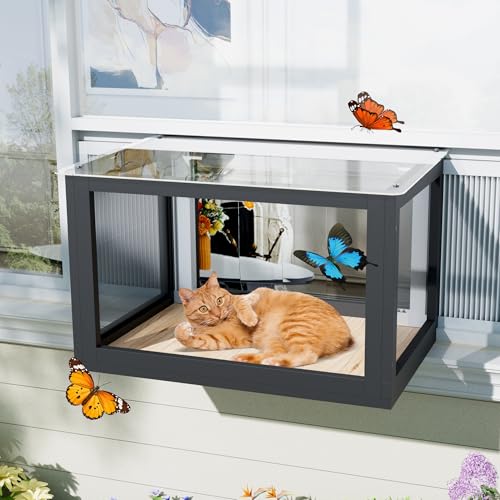 MAGIC UNION Window Catio for Indoor Cats, Cat Catio Outdoor Enclosure Window Box Perch w/Side Mosquito-Proof Wire Fits Double Hung Frames 25.4" to 43.3" Wide, Sunbathing Napping Overlooking (Black)