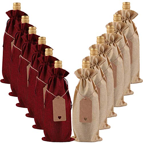ABOAT 10 Pack Jute Burlap Wine Bags, Drawstring Wine Bottle Covers with Tags for Christmas, Wedding, Travel, Birthday, Holiday Party (Natural and Wine Red)