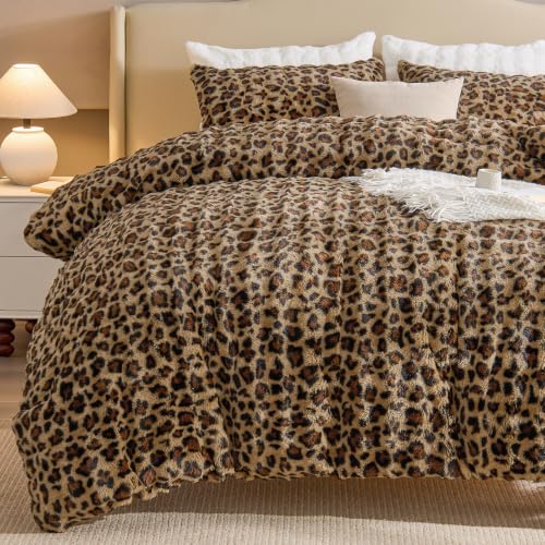 Image of EMME Fluffly Faux Rabbit Fur Bubble Comforter Set Queen, Leopard Print