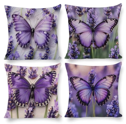 クッションカバー 4枚セット 40x40cm 正方形 おしゃれ かわいい 北欧 隠しファスナー ビロード ソファ背当て 装飾枕カバー 座布団カバー 家庭装飾 車 椅子 飾り 四季通用 インテリア 女性 祝日のプレゼント (紫の蝶) q-791