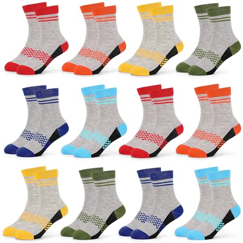 Image of GENTABY Boys Crew Socks Novelty Plaid Kids Multiple Colour Elastic Mid Cut Toddler Socks Fashion Casual Breathable Boy Sport Socks 12 Pairs for 2-14 Years Children