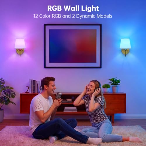 Image of Lightania Battery Operated Wall Sconces Set of 2, Gold Rechargeable Wall Lights with 10000mAh Dimmable Bulbs & Remote Control, 15 Colors Wireless Wall Lamps for Bedroom Living Room Hallway Decor