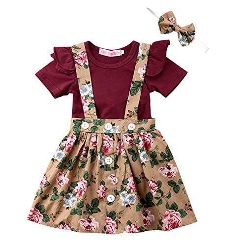 Niñas T-Shirt Correa Vestido Trajes de Navidad 2 Unids/Set Manga Larga con Volantes Top Overoles Falda a Cuadros Conjunto de Ropa (6-12 Meses, Caqui & Vino Rojo)