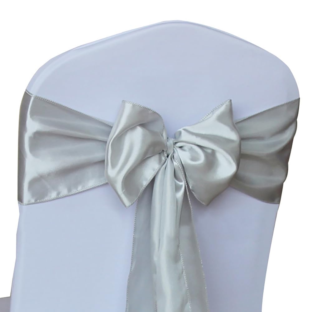 50 Stück Stuhlschärpen Satin Schärpen Stuhl Dekorative Schleife Satin Esszimmerstuhl Schleifen Stuhlschärpe für Hochzeit Bankett Thanksgiving Party Zuhause Küche Dekoration Silberweiß 50 Stück