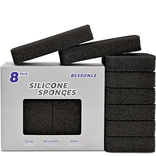 BESSONLE 8 Pack Silicone Scrubbing Sponges Heavy-Duty Non-Scratch Kitchen Sponges - Reusable Odor-Free Perfect as for Cleaning Dishes Non-Stick Countertops (Black)