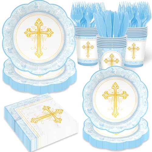 Blue Baptism Decorations for Boys Baptism Plates and Napkins First Holy Communion Party Supplies God Bless Plates Religious Christening Ceremony Tableware Set Serves 25