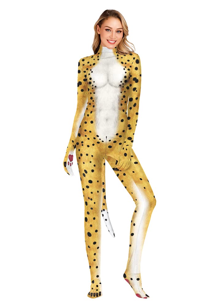 Men's Animal Bodysuit Costume with Big Tail Print Petsuit Spandex Furry Jumpsuit Cosplay Halloween Party