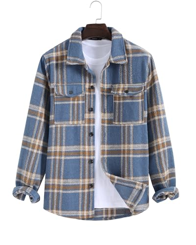 Image of ZAFUL Unisex Plaid Flannel Shirt Jacket Button Down Long Sleeve Pocket Coat Outwear | Mens Fall Clothes Lightweight Long Sleeve Button Down Flap Pocket Jacket Tops for Fall&Winter 2026