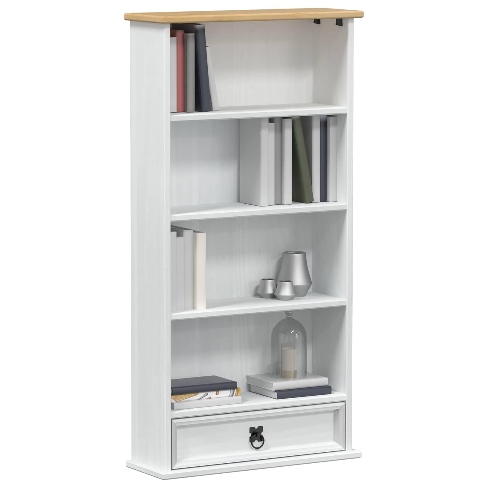 Scaffale per CD, bianco, 52 x 17,5 x 103 cm, in legno di pino massiccio, con 5 scomparti e 1 cassetto, armadietto rustico per CD per soggiorno e home office, sottile