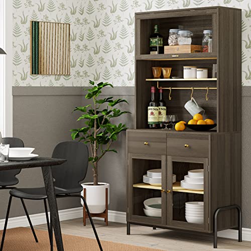 Tiptiper 71â€™â€™ Kitchen Pantry Storage Cabinet, Modern Freestanding Hutch Cabinet with Doors & Shelves, Tall Storage Cabinet with 2 Drawers & Glass-Doors, Buffet with Hutch, Cupboard for Dining Room