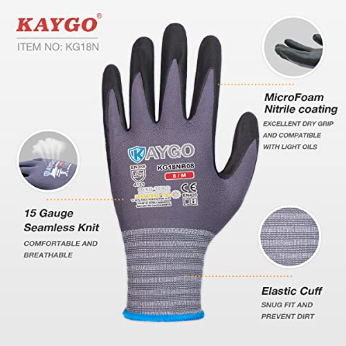 Kaygo Safety Work Gloves Microfoam Nitrile Coated-3 Pairs, Kg18Nb,Seamless Knit Nylon Glove With Black Micro-Foam Nitrile Grip,Ideal For General Purpose,Automotive,Home Improvement,Large #TOP1