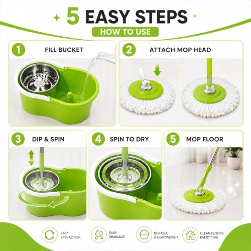 Image of Plastic Spin Mop Bucket, Moppers for Cleaning Floor, Mop Set Extendable Handle, Removable Wringer 360 with Floor Cleaner Mopping Stick