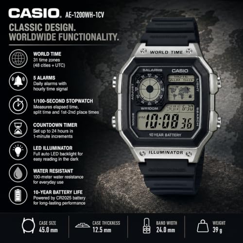 Image of Casio AE1200WH Series | Men's Digital Watch | 100M WR | Multi Alarms | 100 SEC Stopwatch | Countdown Timer | World Map for World Time | LED Light | LC Analog Display | 10 Year Battery